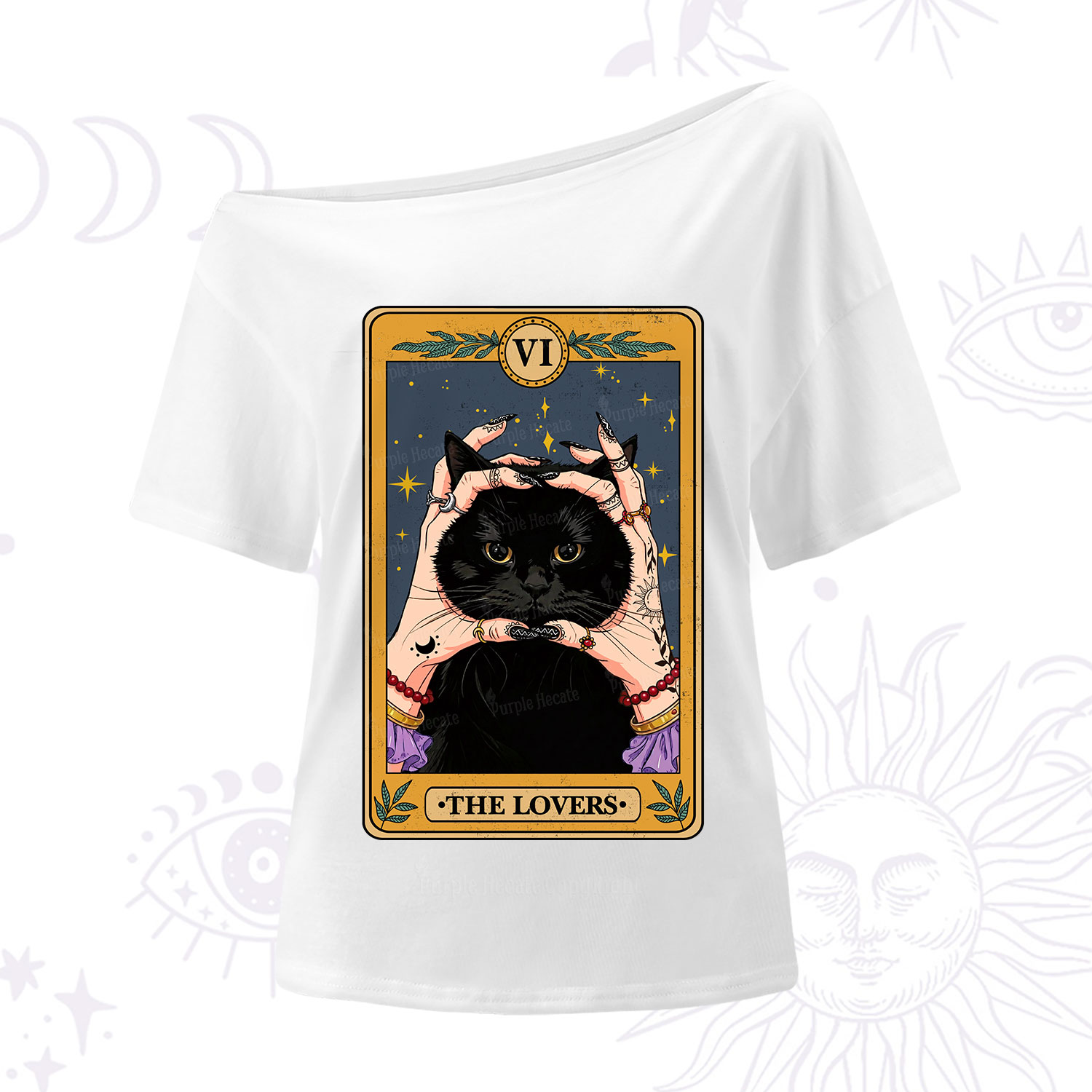 Purplehecate Black Cat The Lovers Tarot Card One Shoulder T-Shirt
