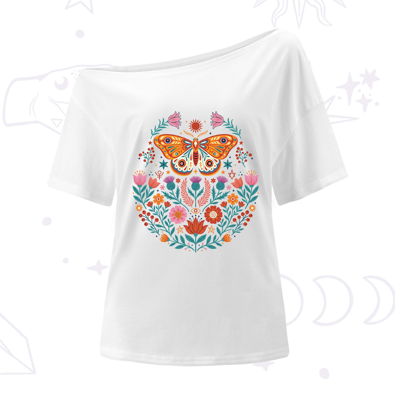 Purplehecate Boho Colorful Celestial Moth One Shoulder T-Shirt