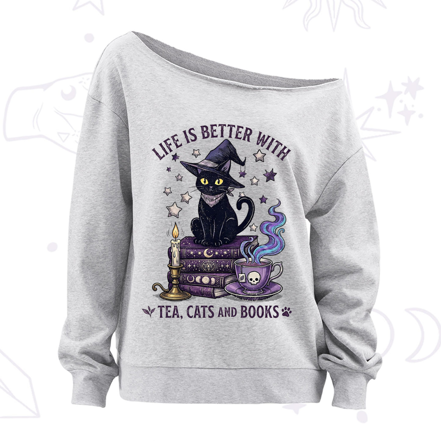 Purplehecate Life Is Better With Cats And Books Off The Shoulder Sweatshirt