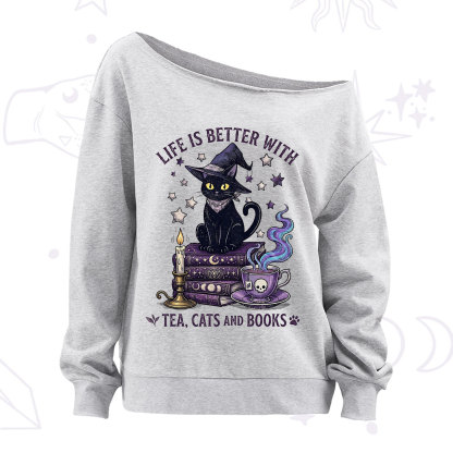 Purplehecate Life Is Better With Cats And Books Off The Shoulder Sweatshirt