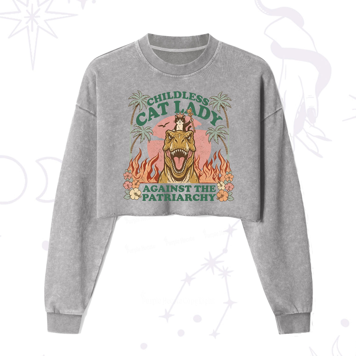 Purplehecate Childless Cat Lady Burn the Patriarchy Cropped Washed Sweatshirt