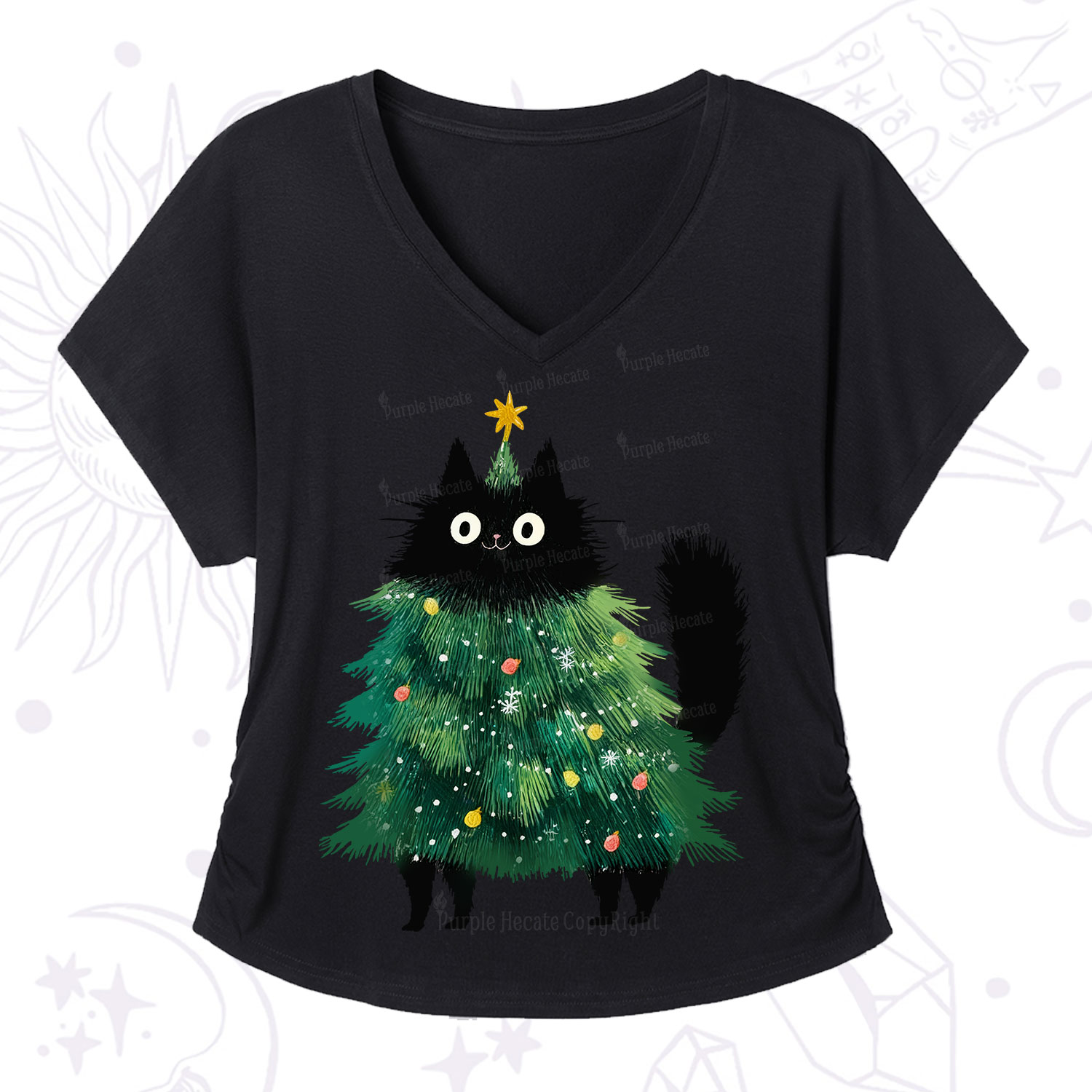 Purplehecate Black Cats Christmas Tree Christmas V-Neck T-Shirt