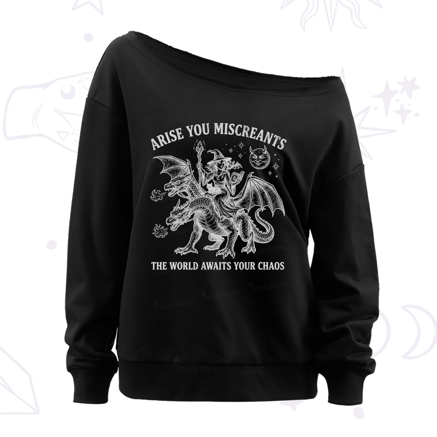 Purplehecate Arise You Miscreants Chaos Rider Witch Off The Shoulder Sweatshirt