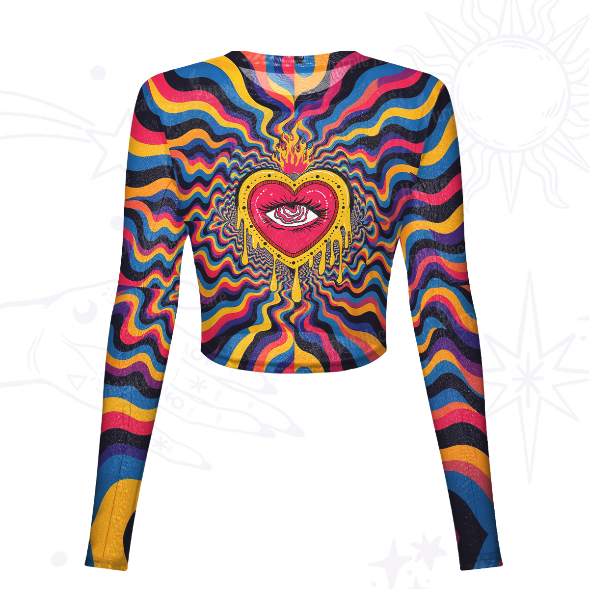 Purplehecate Trippy Heart Flame Mesh Long Sleeve Crop Top
