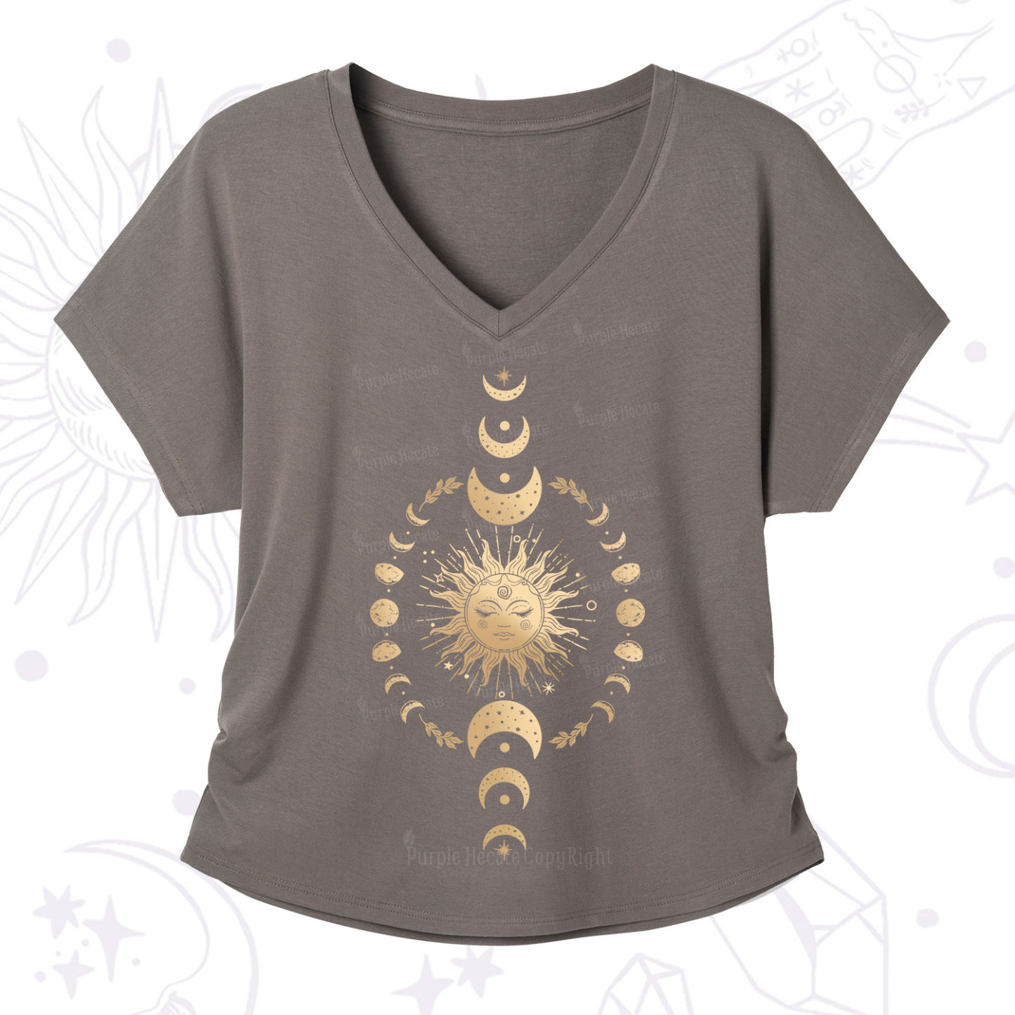Purplehecate Celestial Sun & Moon Phases V-Neck T-Shirt