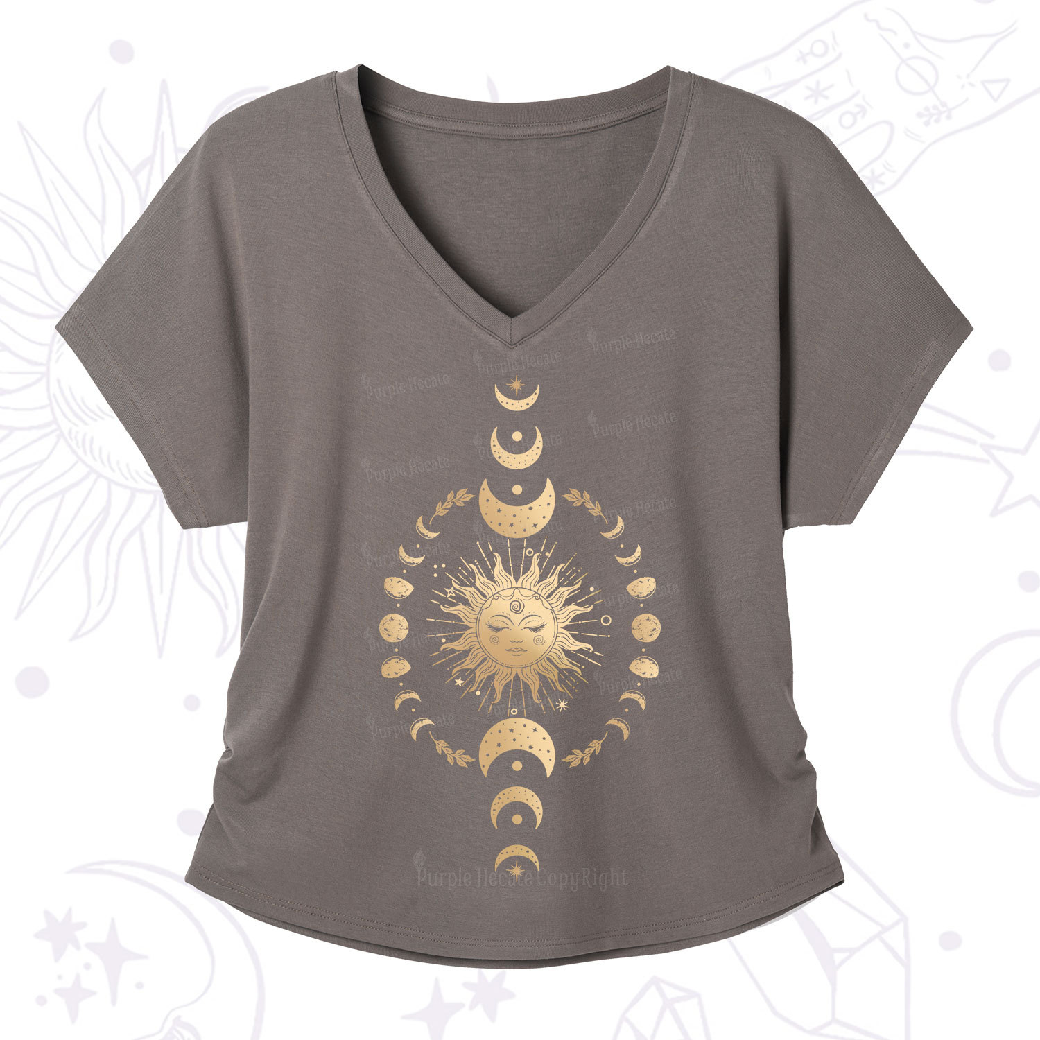 Purplehecate Celestial Sun & Moon Phases V-Neck T-Shirt