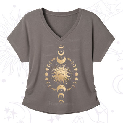 Purplehecate Celestial Sun & Moon Phases V-Neck T-Shirt