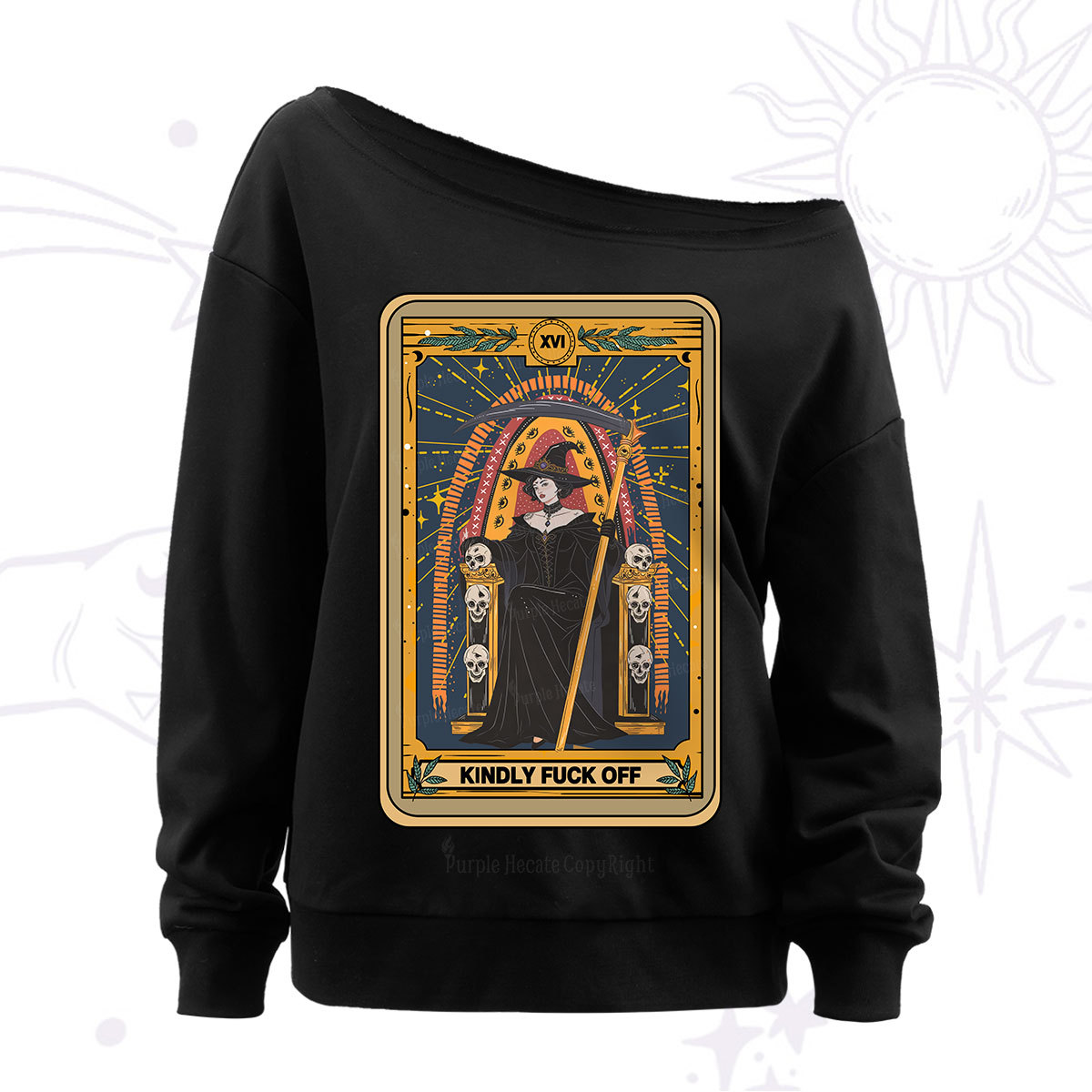 Purplehecate The Kindly Fuck Off Tarot Off The Shoulder Sweat