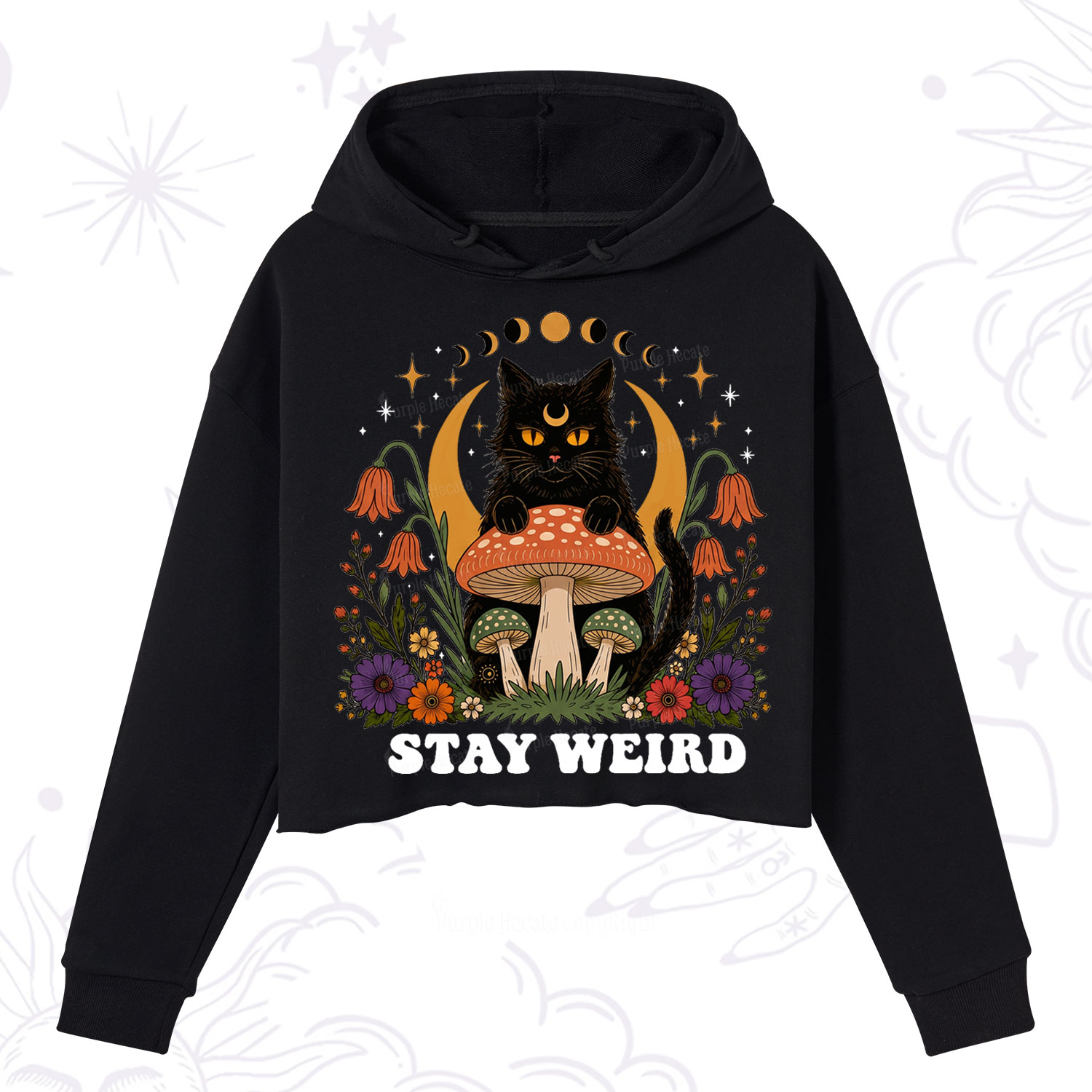 Purplehecate Stay Weird Black Cat Crop Hoodie