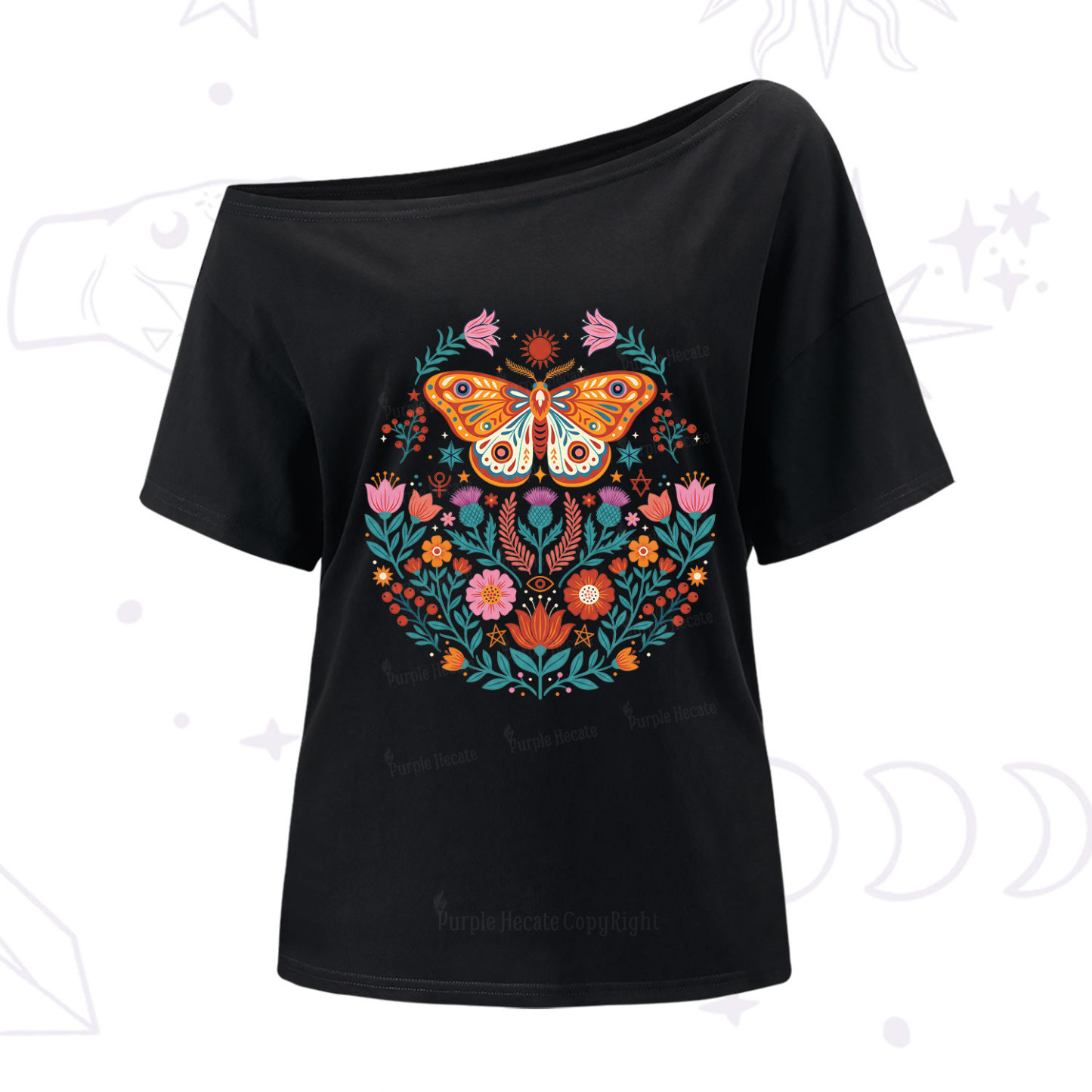 Purplehecate Boho Colorful Celestial Moth One Shoulder T-Shirt