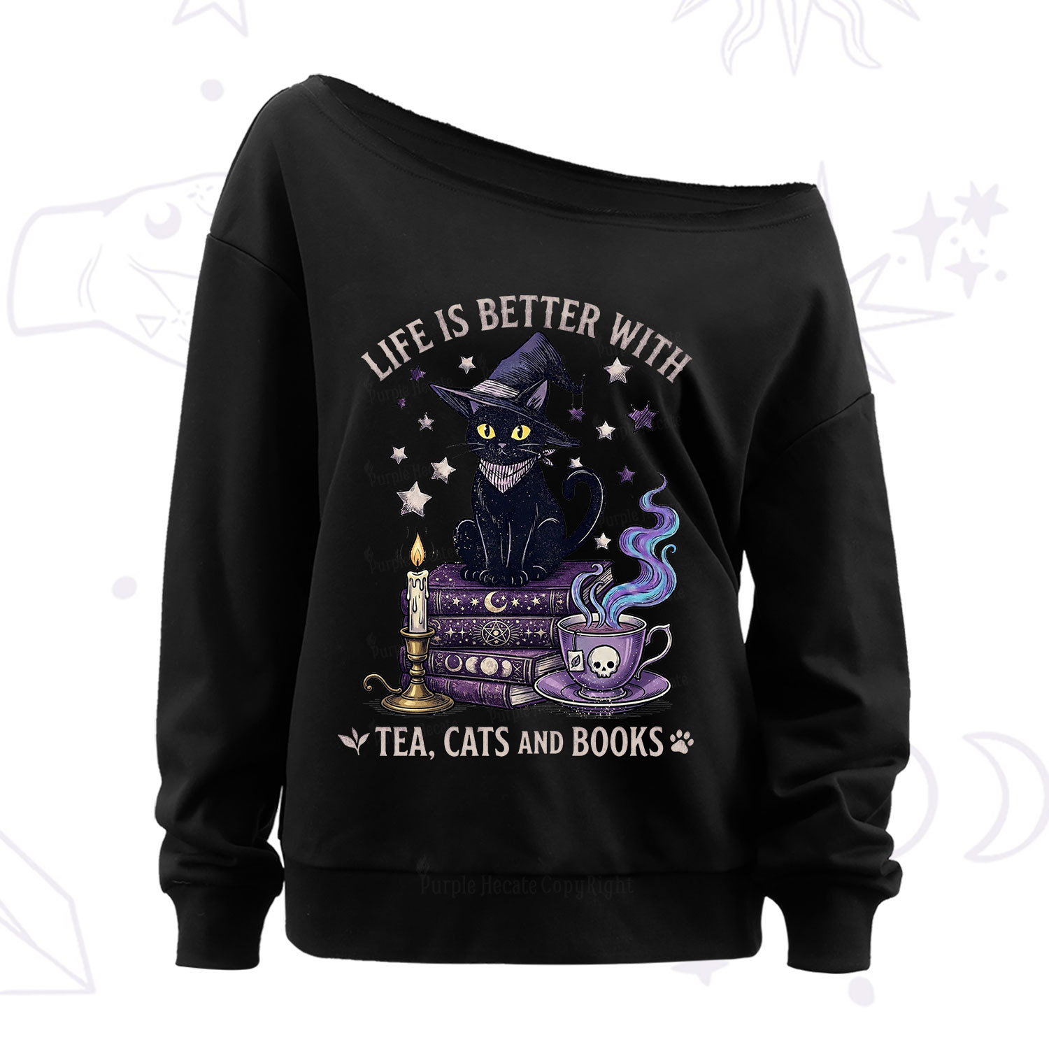 Purplehecate Life Is Better With Cats And Books Off The Shoulder Sweat