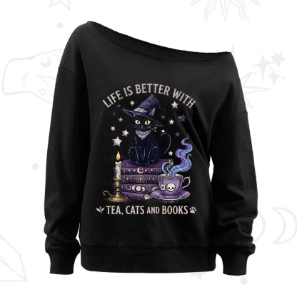 Purplehecate Life Is Better With Cats And Books Off The Shoulder Sweatshirt