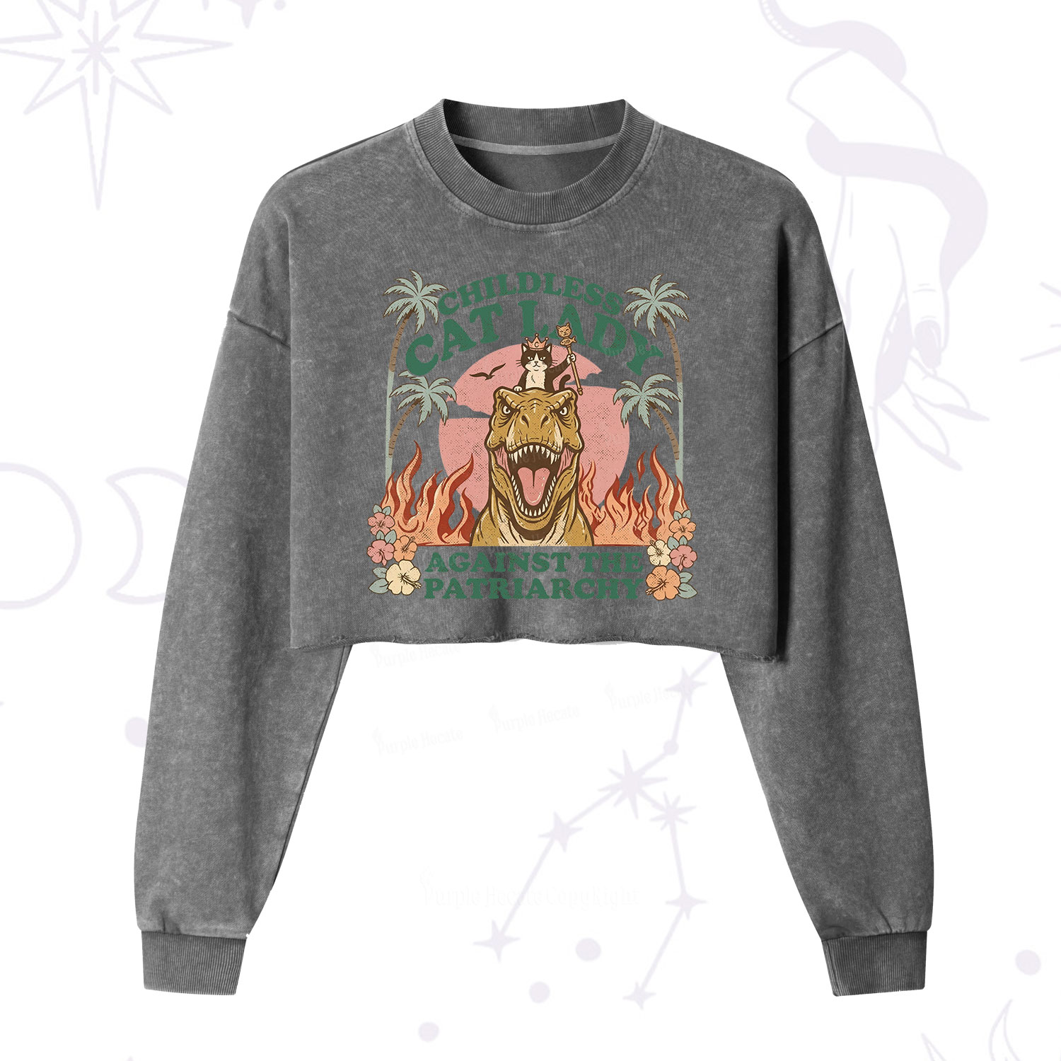 Purplehecate Childless Cat Lady Burn the Patriarchy Cropped Washed Sweatshirt