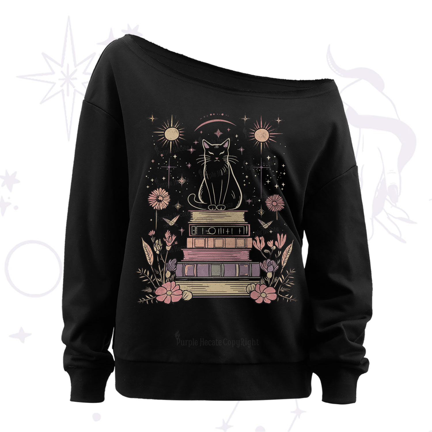 Purplehecate Mystical Cat Reading a Witchy Book Off The Shoulder Sweatshirt