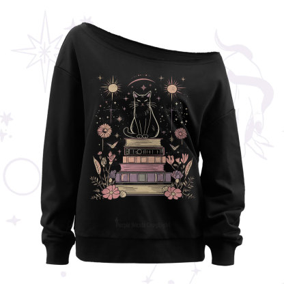 Purplehecate Mystical Cat Reading a Witchy Book Off The Shoulder Sweatshirt