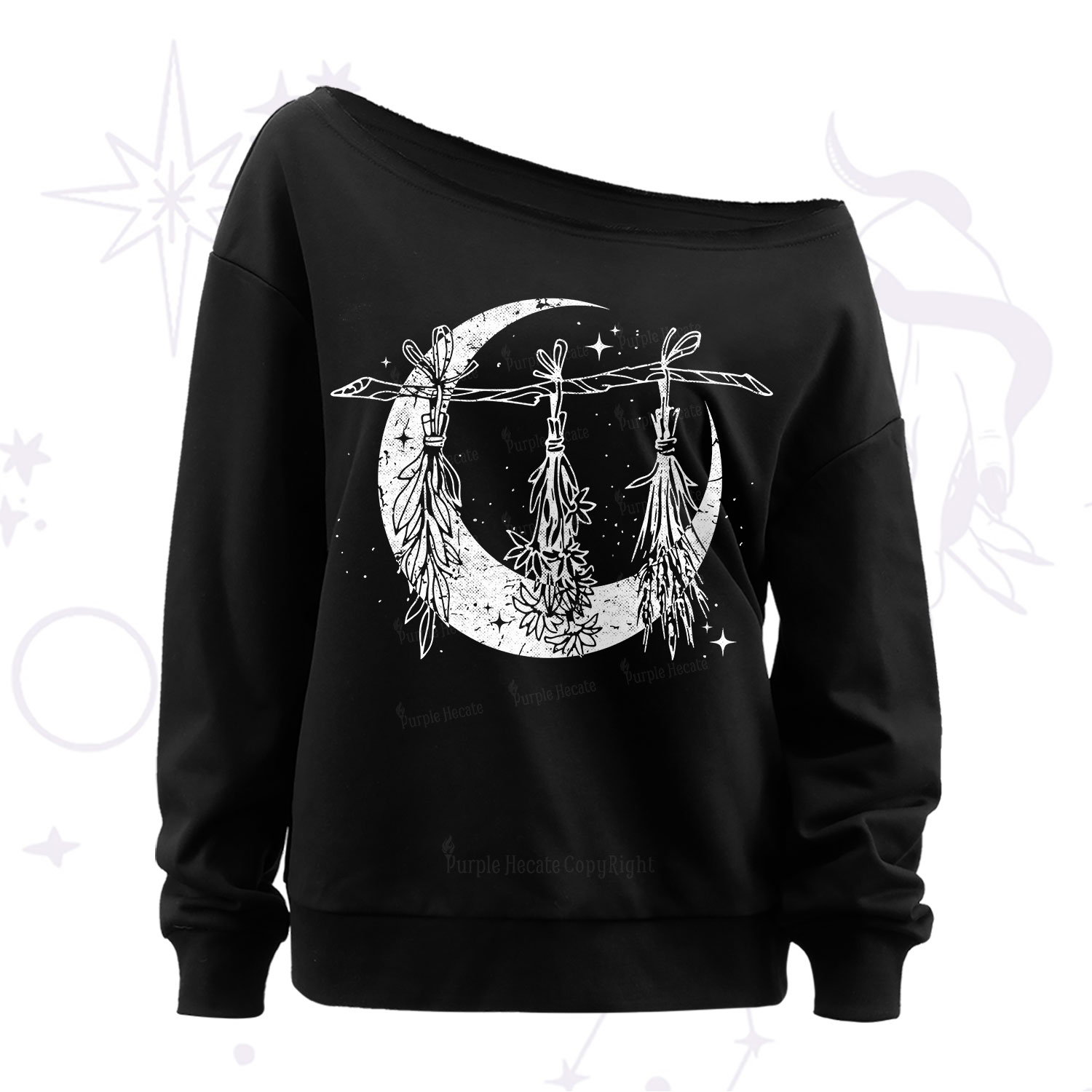 Purplehecate Witchy Moon Herbs Off The Shoulder Sweatshirt