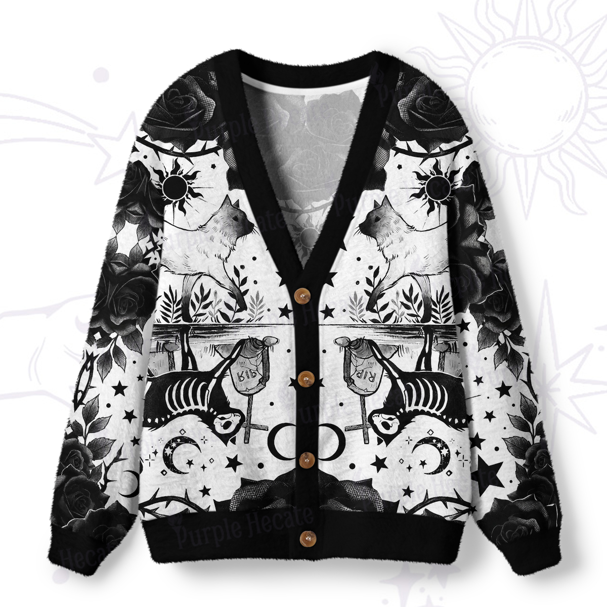 Purplehecate Gothic Black Cat & Rose Graveyard Ugly Cardigan Sweaters