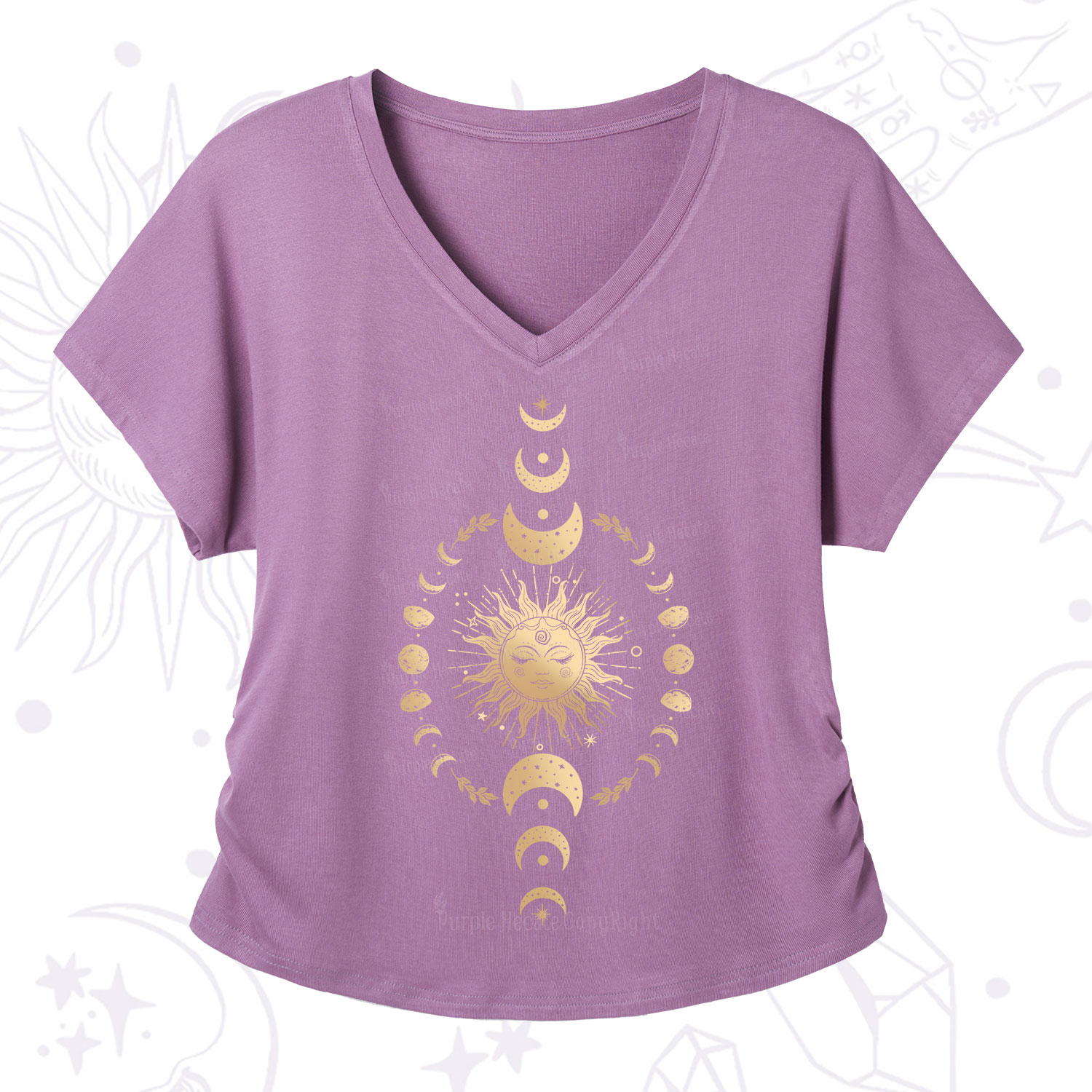 Purplehecate Celestial Sun & Moon Phases V-Neck T-Shirt