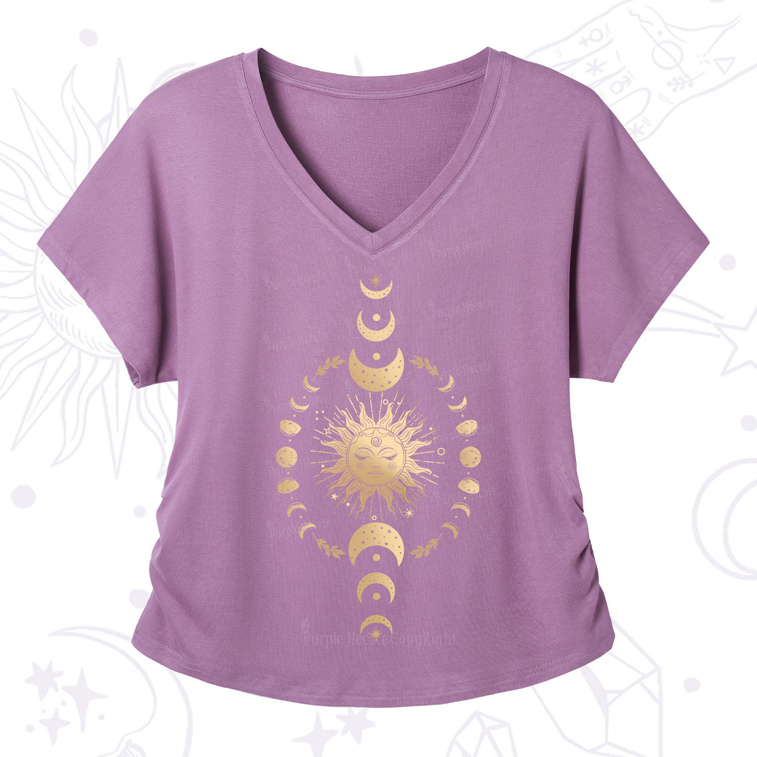 Purplehecate Celestial Sun & Moon Phases V-Neck T-Shirt