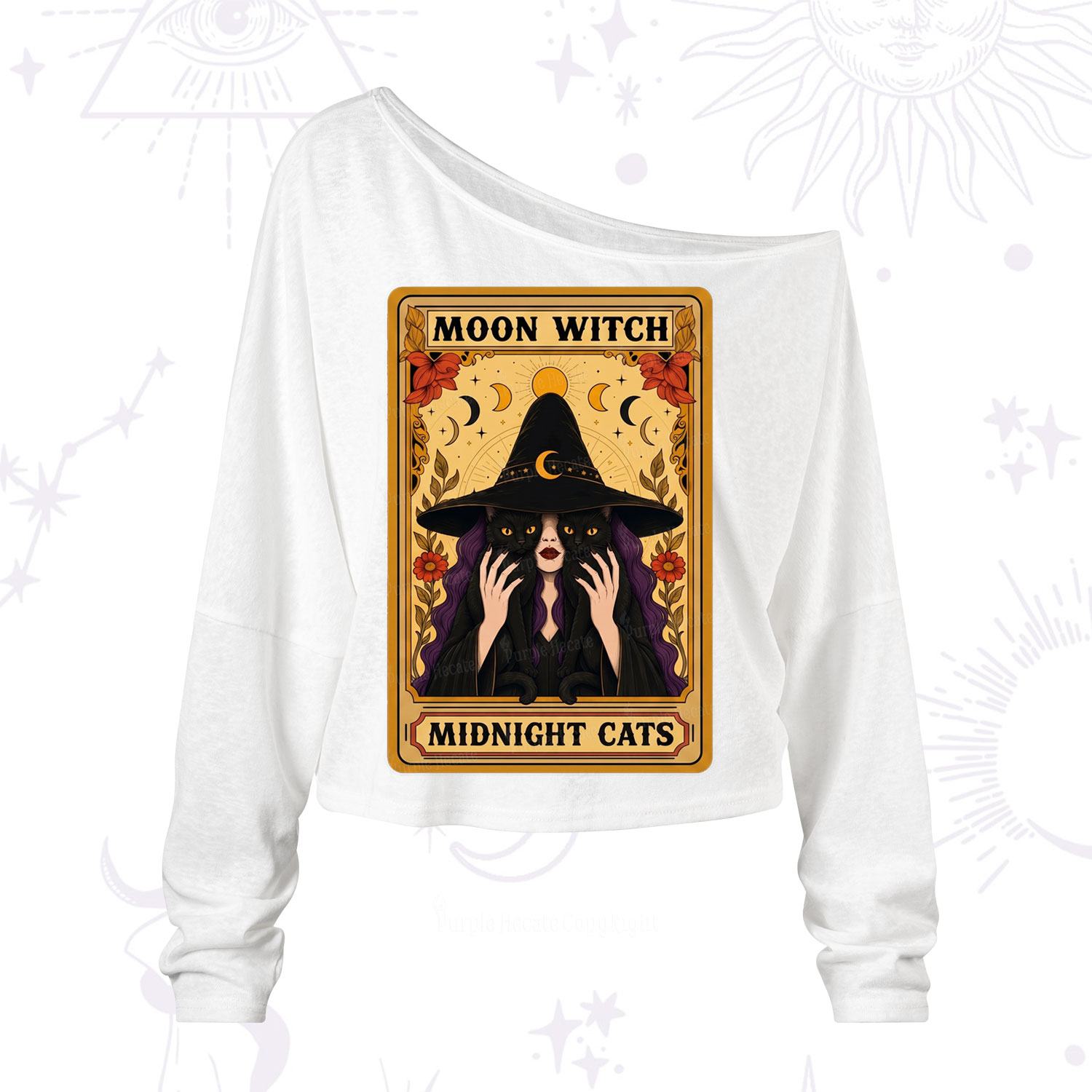 Purplehecate The Moon Witch Midnight Cats Oracle Card One Shoulder Long Sleeve Shirt
