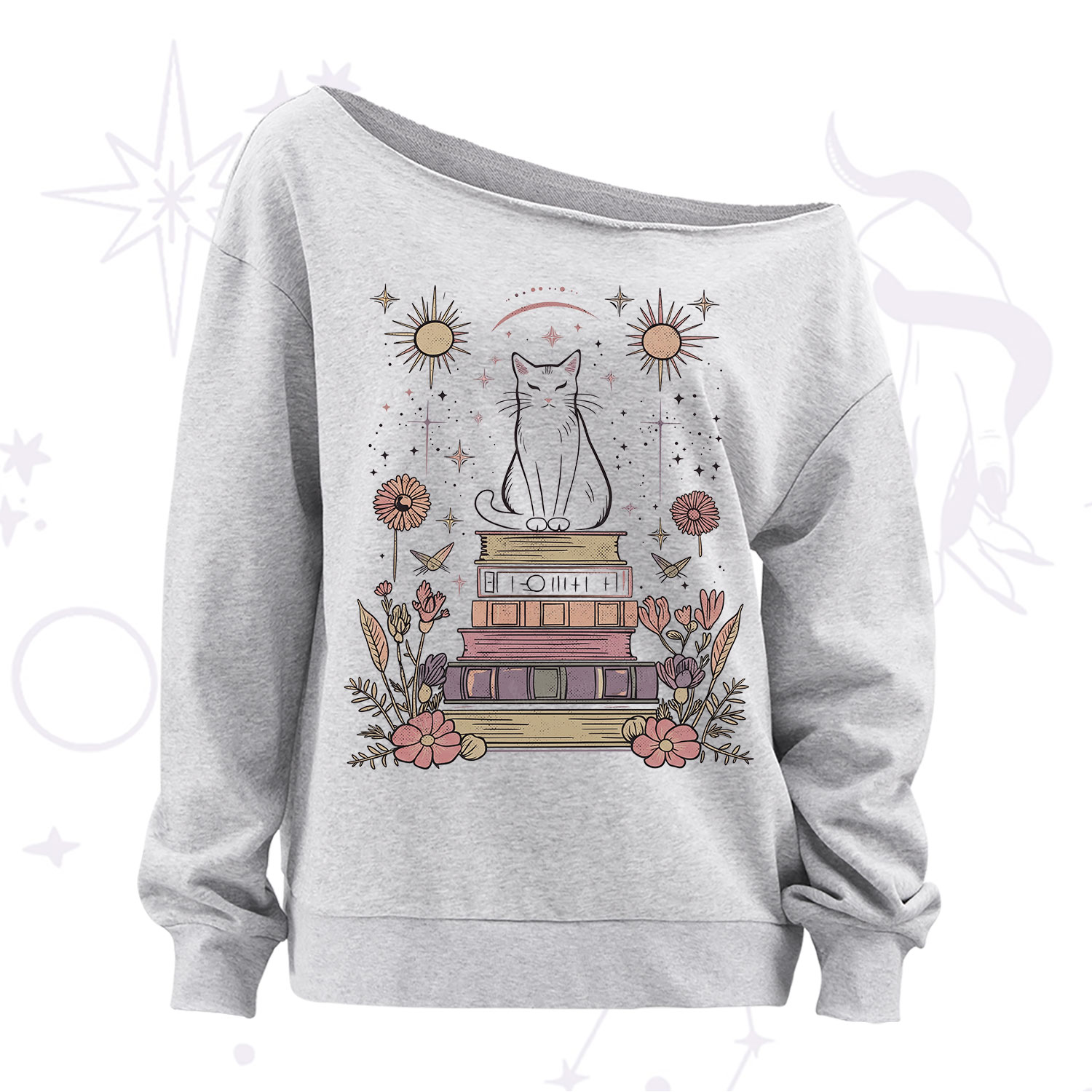 Purplehecate Mystical Cat Reading a Witchy Book Off The Shoulder Sweatshirt
