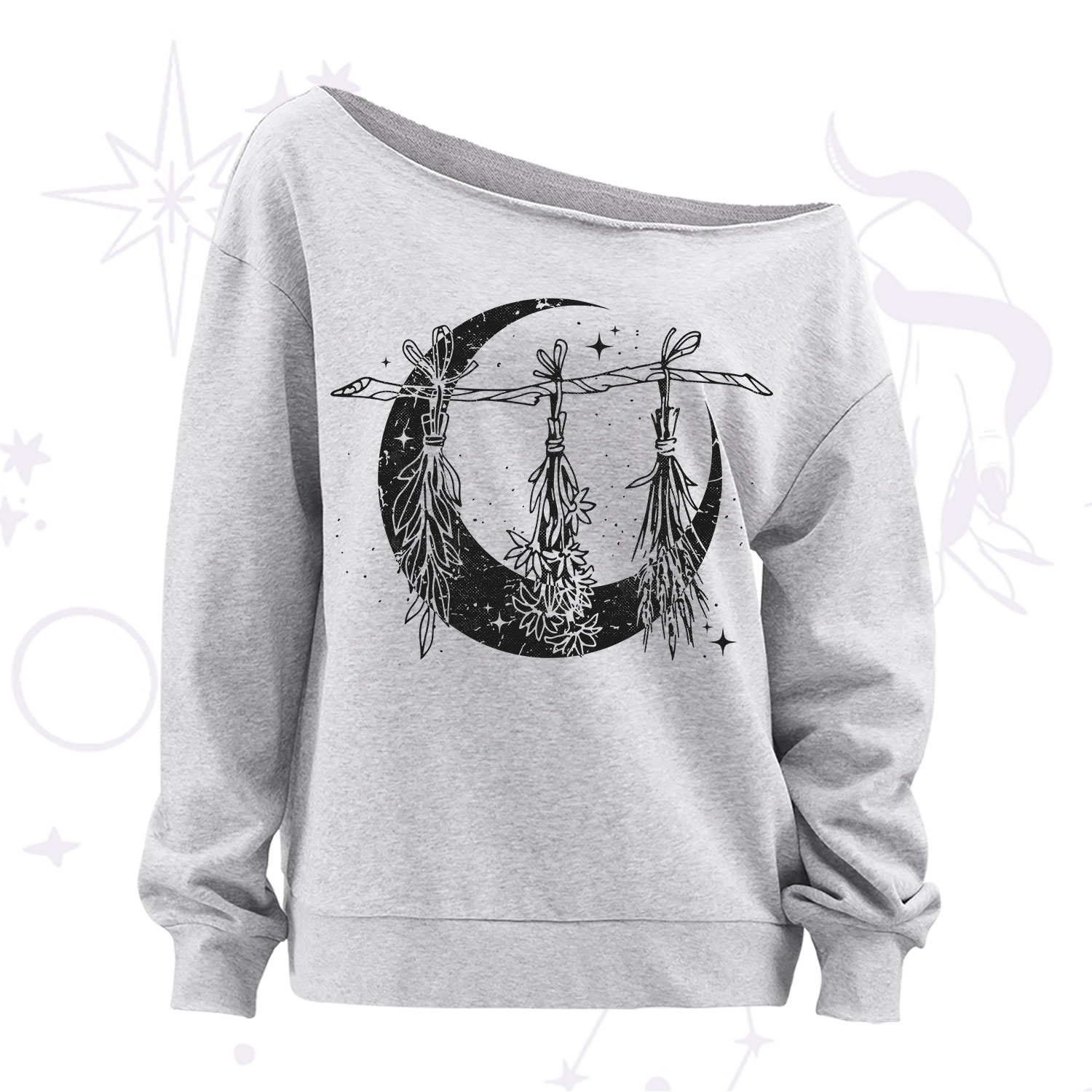 Purplehecate Witchy Moon Herbs Off The Shoulder Sweatshirt