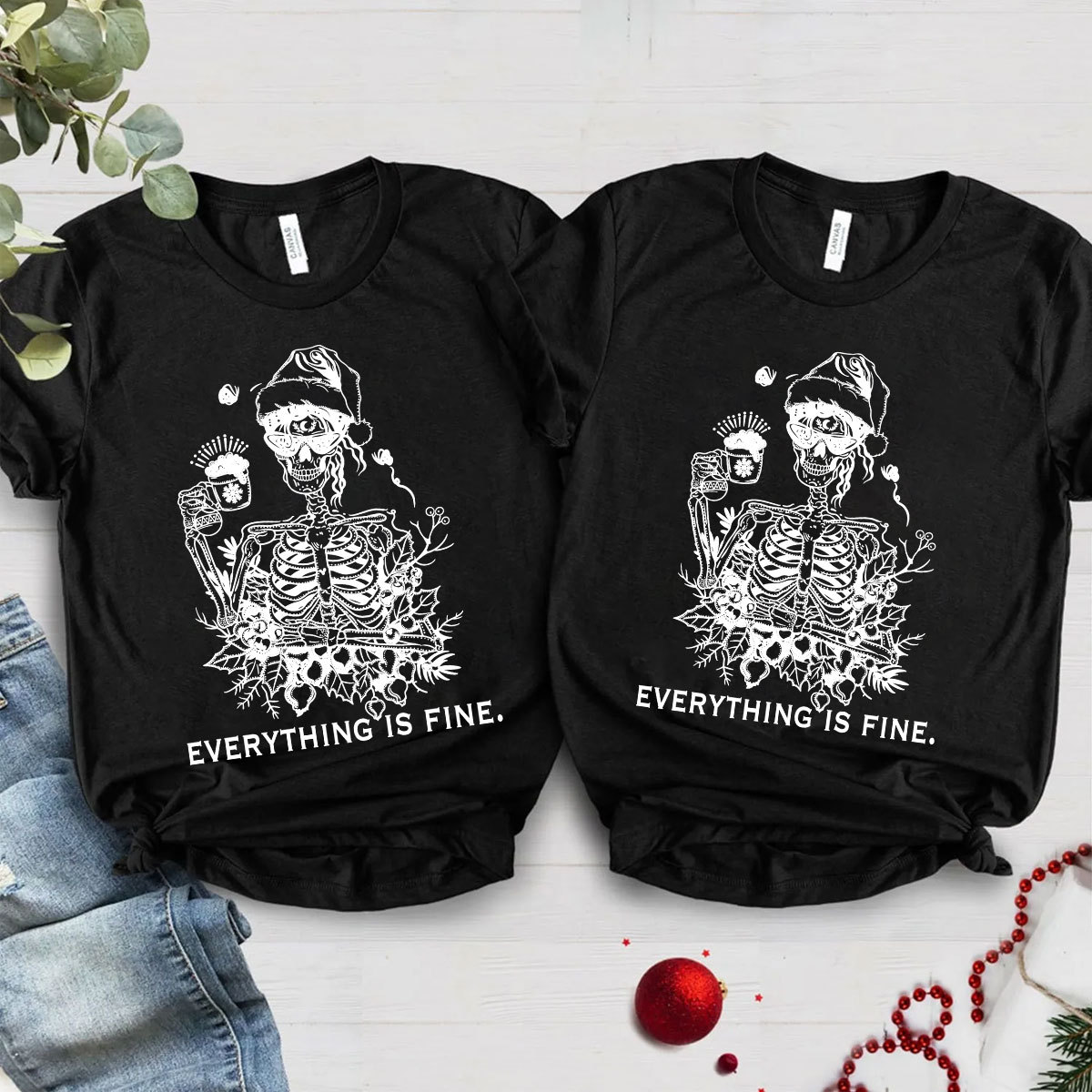 Purplehecate Everything Is Fine Christmas Couple T-Shirts