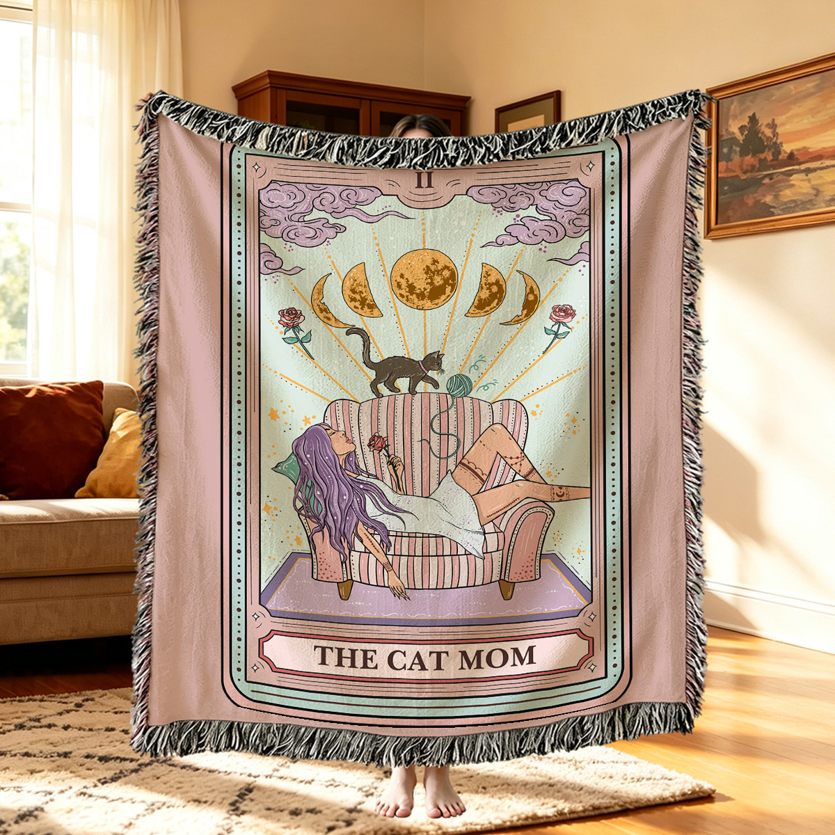 Purplehecate The Cat Mom Tarot Woven Tapestry Blanket