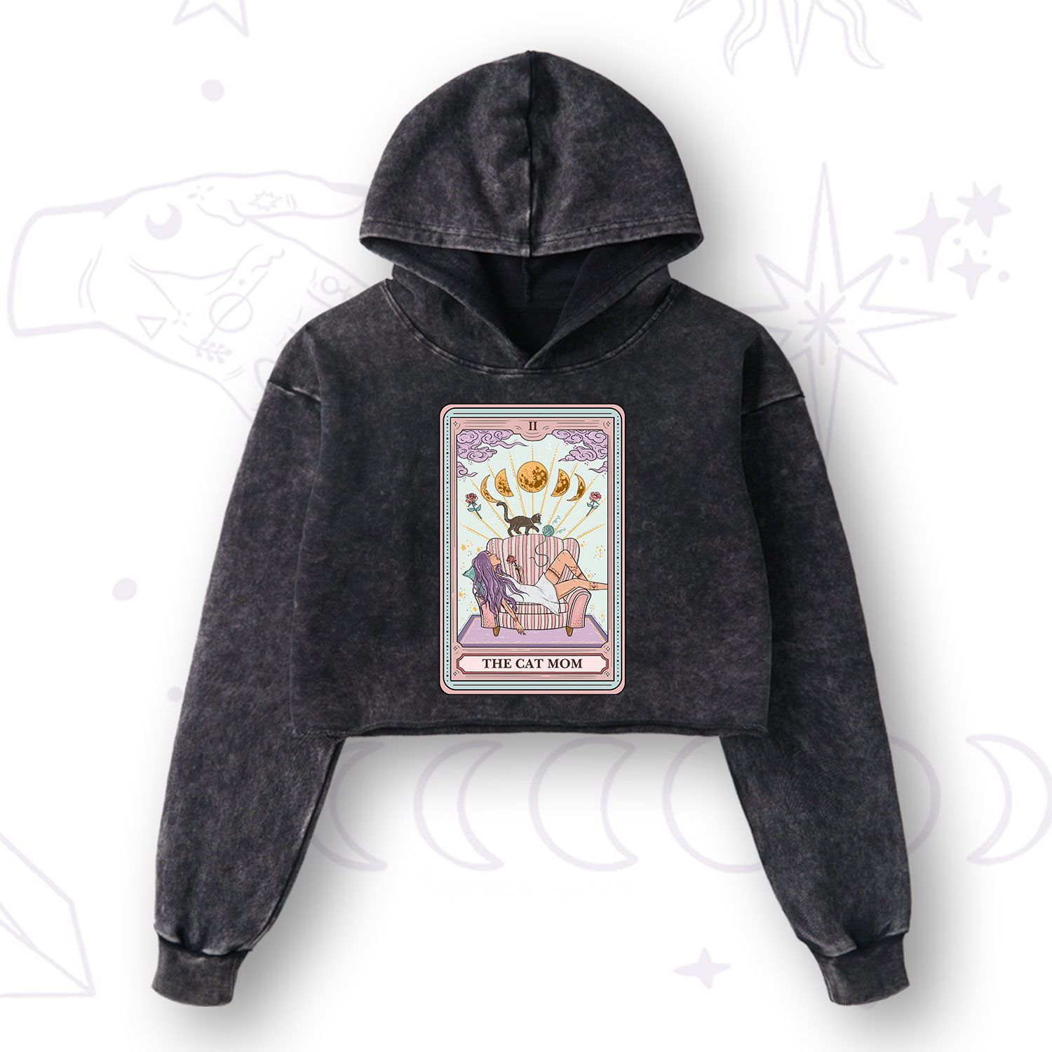 Purplehecate The Cat Mom Tarot Washed Cropped Hoodie