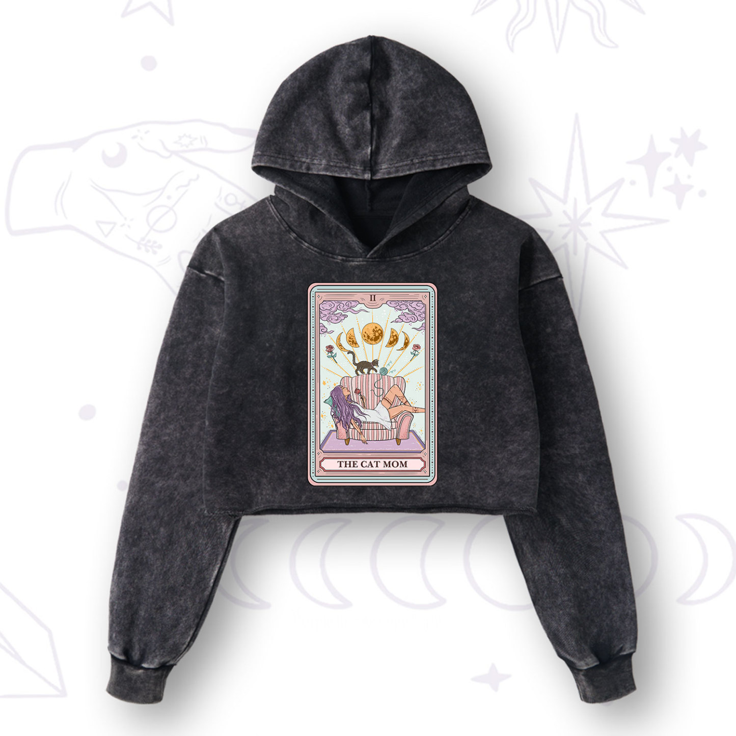 Purplehecate The Cat Mom Tarot Washed Cropped Hoodie