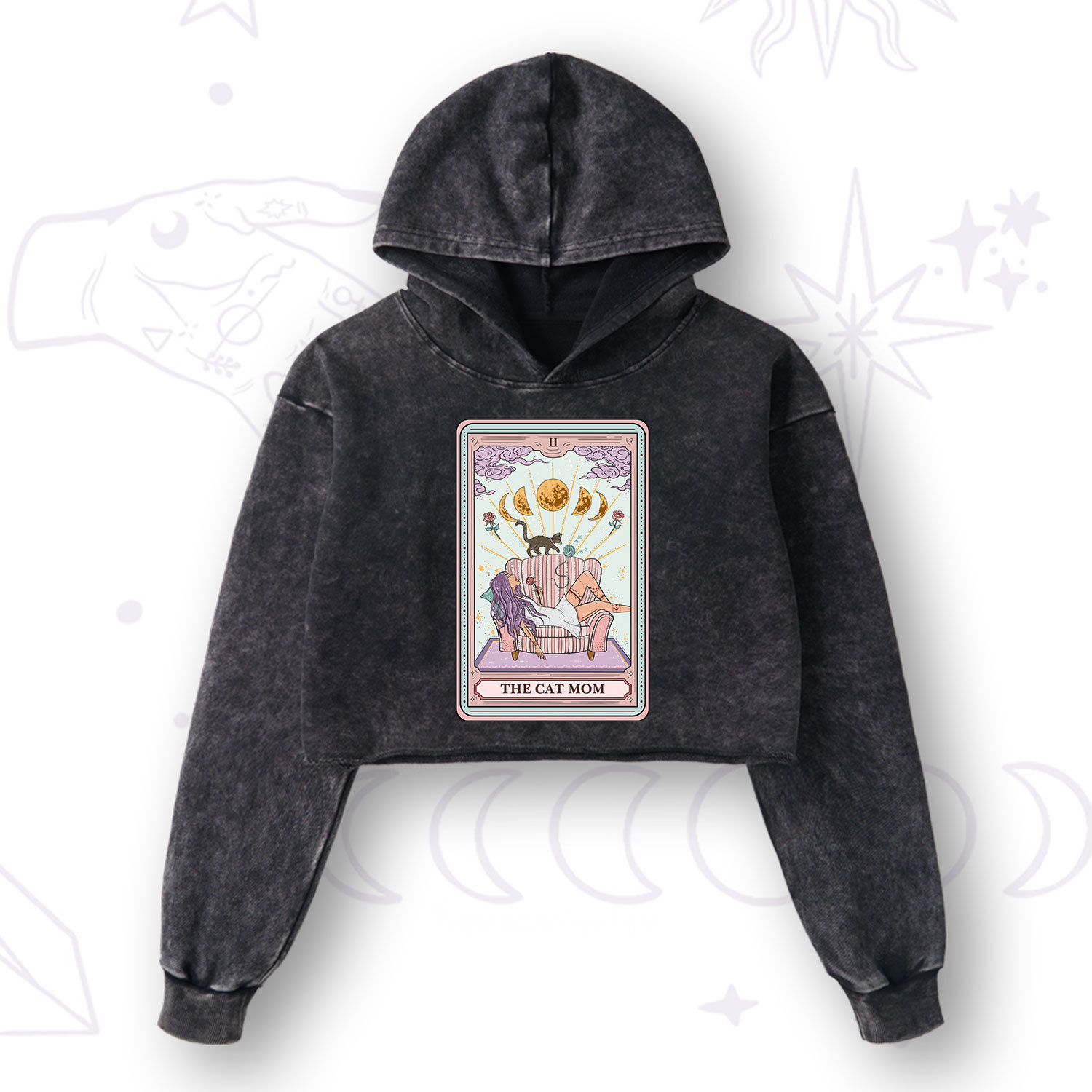 Purplehecate The Cat Mom Tarot Washed Cropped Hoodie