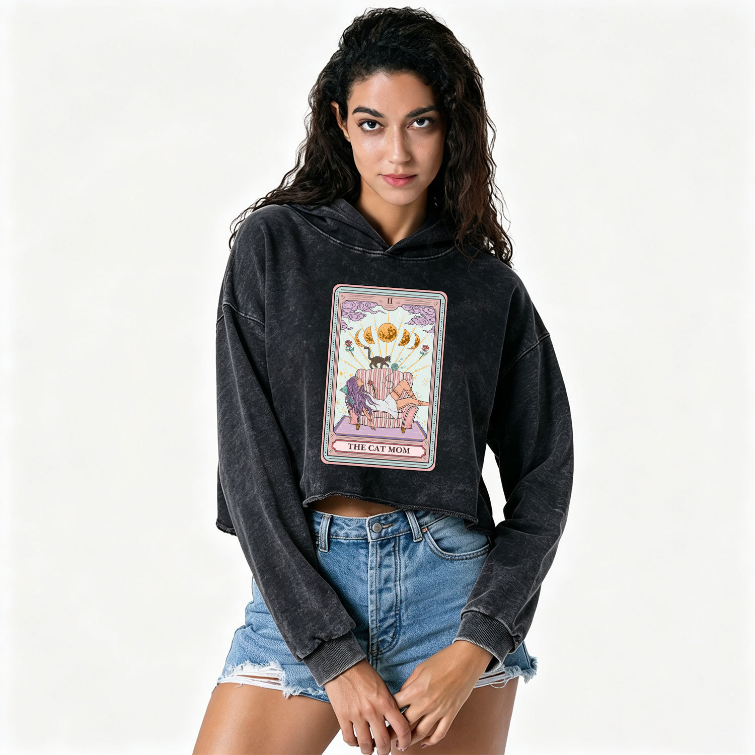Purplehecate The Cat Mom Tarot Washed Cropped Hoodie