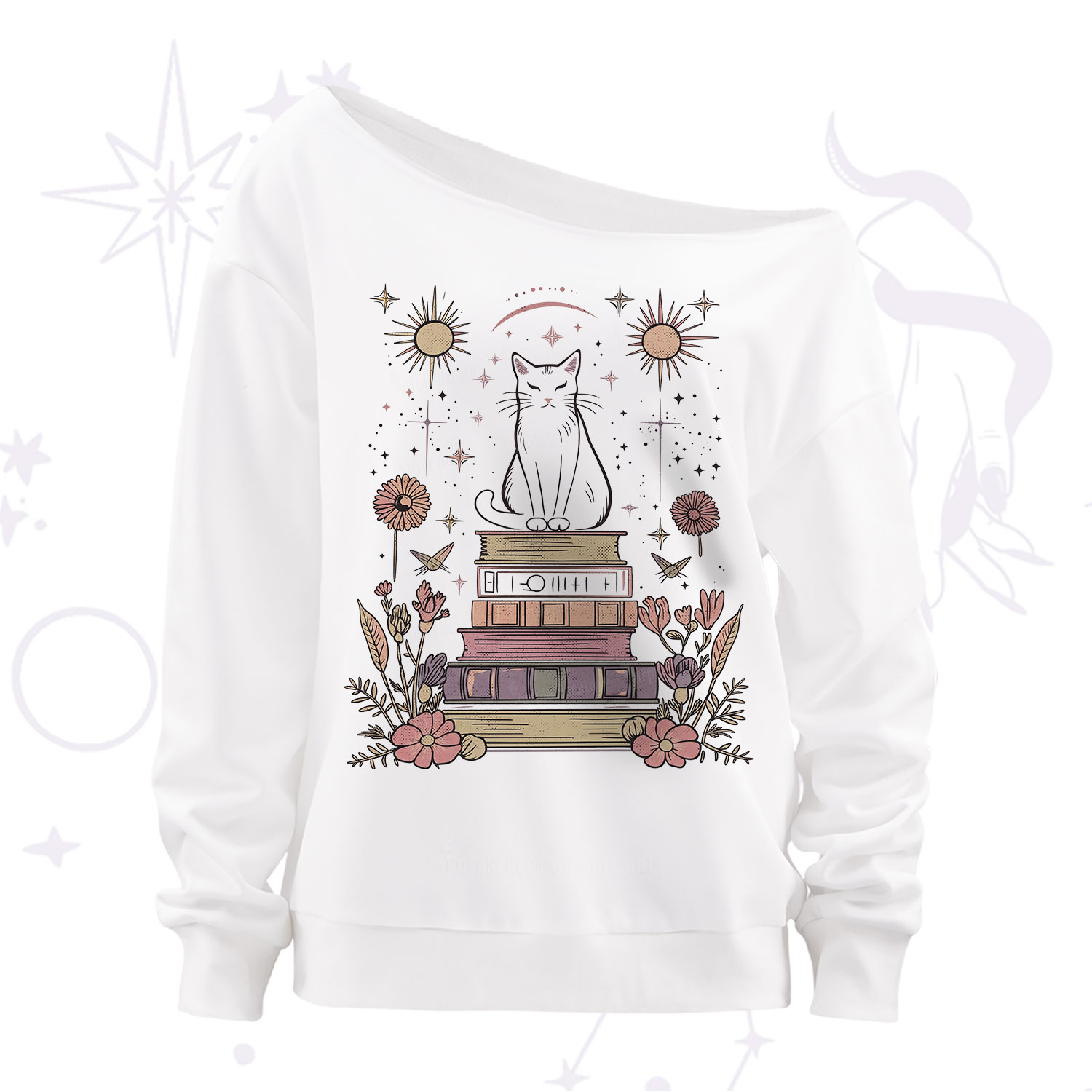 Purplehecate Mystical Cat Reading a Witchy Book Off The Shoulder Sweatshirt