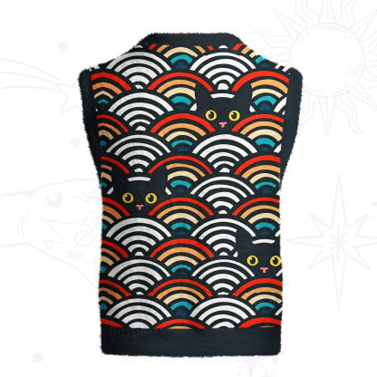 Purplehecate Rainbow Black Cat Waves Ugly Sweater Vest