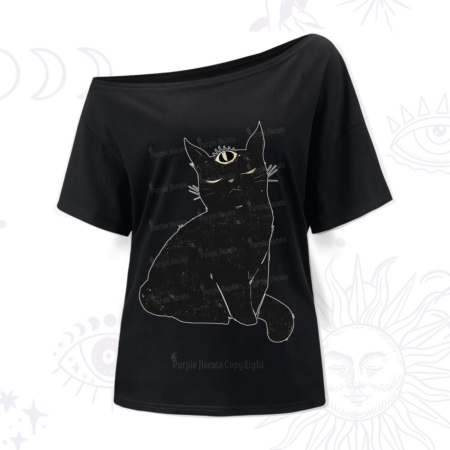 Purplehecate Third Eye Black Cat One Shoulder T-Shirt