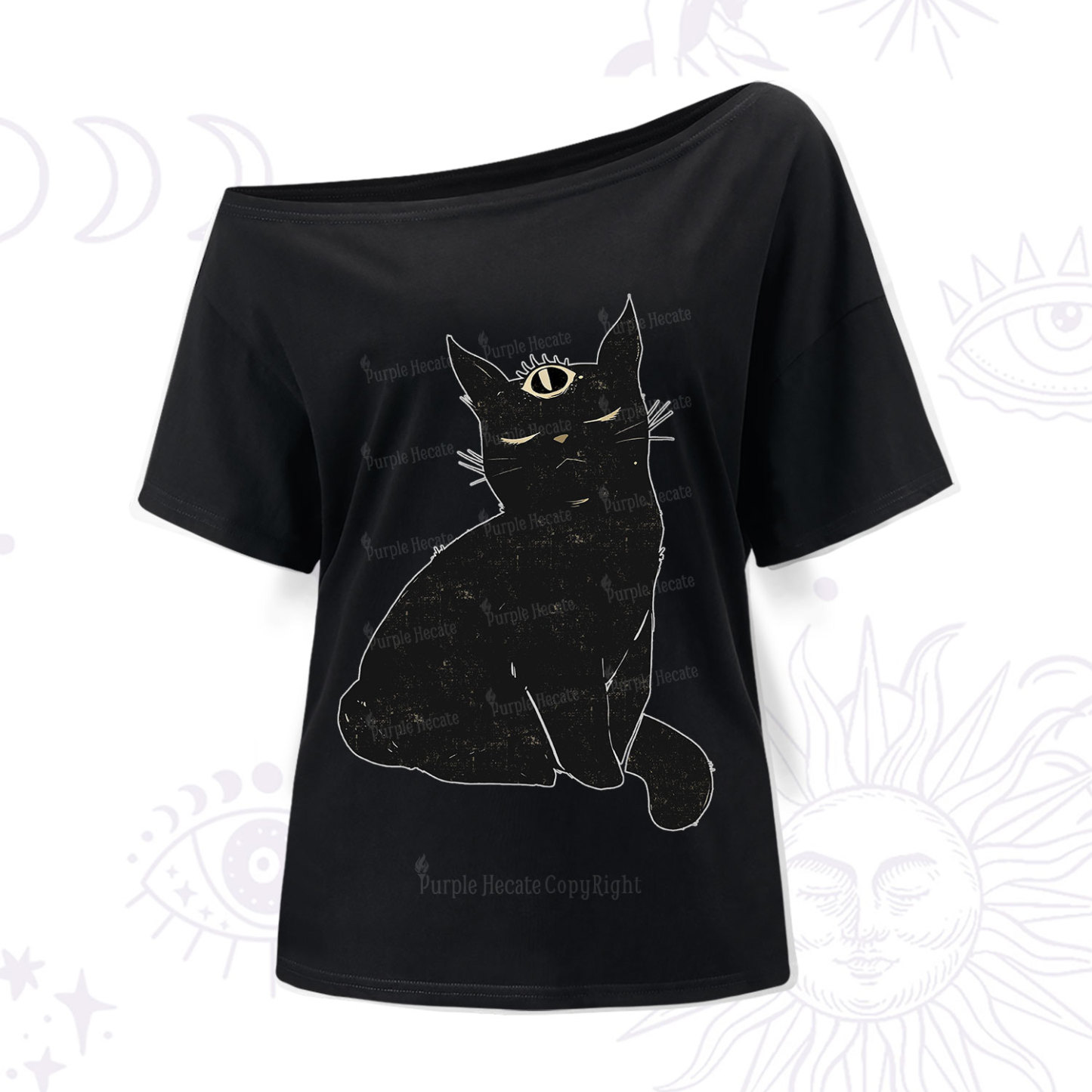 Purplehecate Third Eye Black Cat One Shoulder T-Shir
