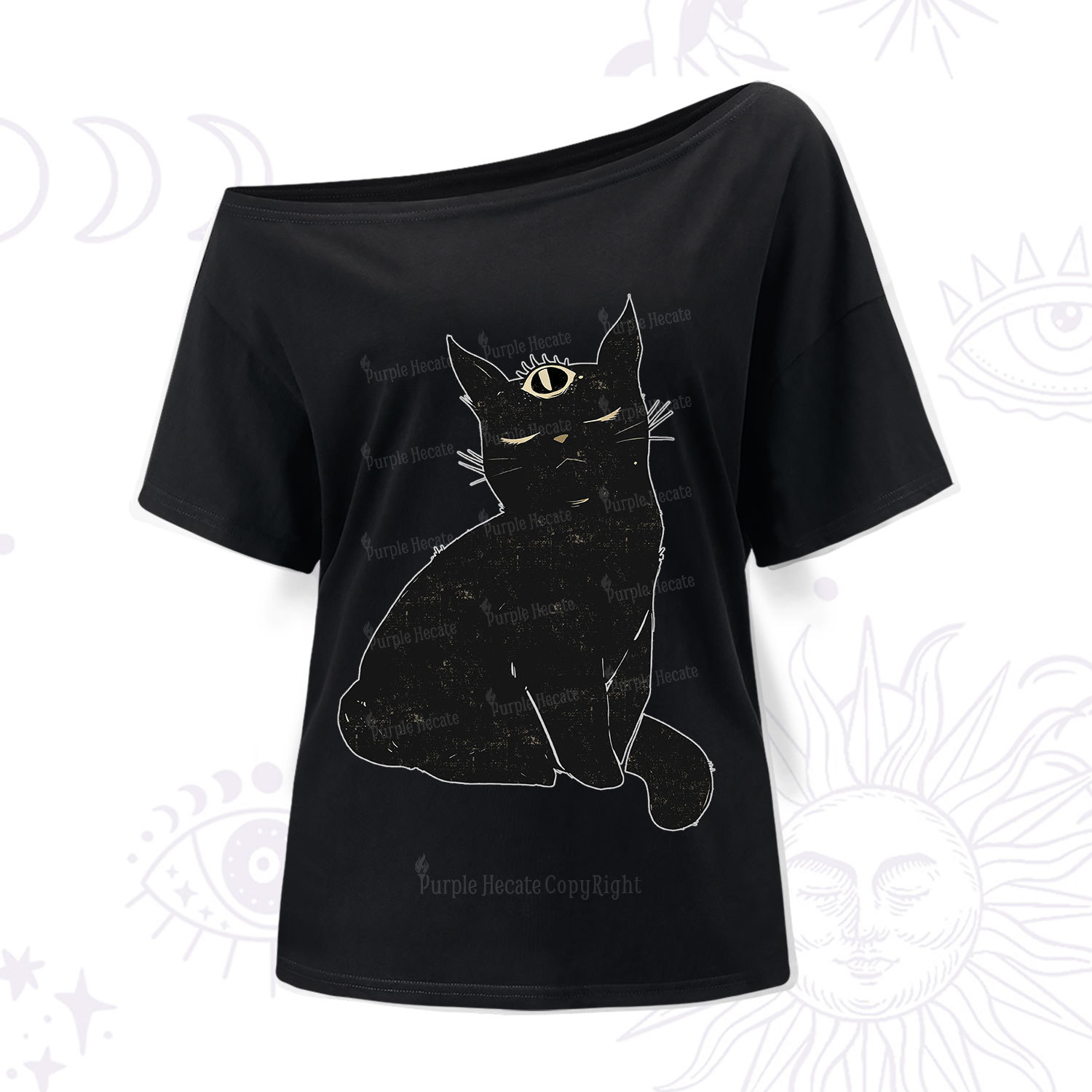 Purplehecate Third Eye Black Cat One Shoulder T-Shir