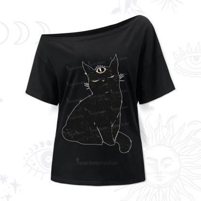 Purplehecate Third Eye Black Cat One Shoulder T-Shirt