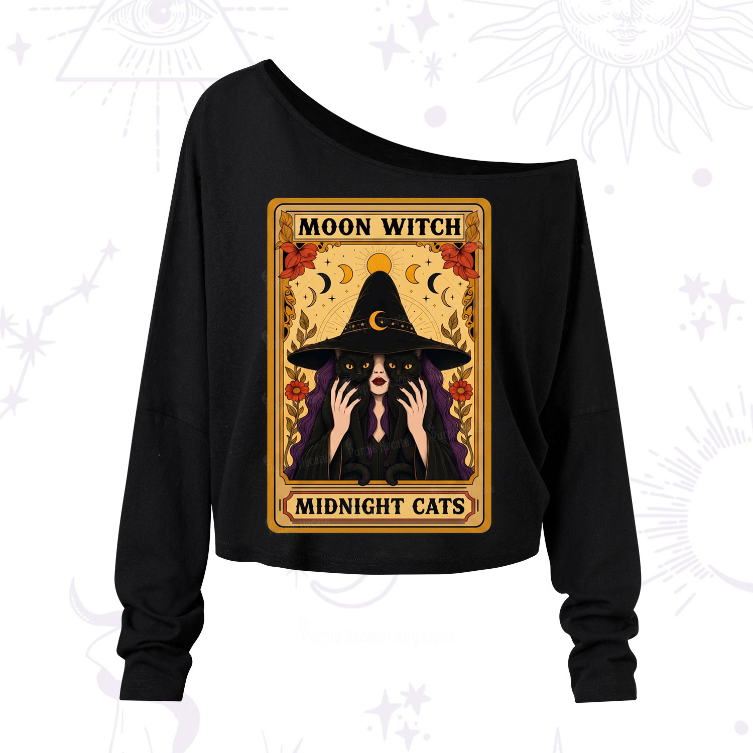 Purplehecate The Moon Witch Midnight Cats Oracle Card One Shoulder Long Sleeve Shirt