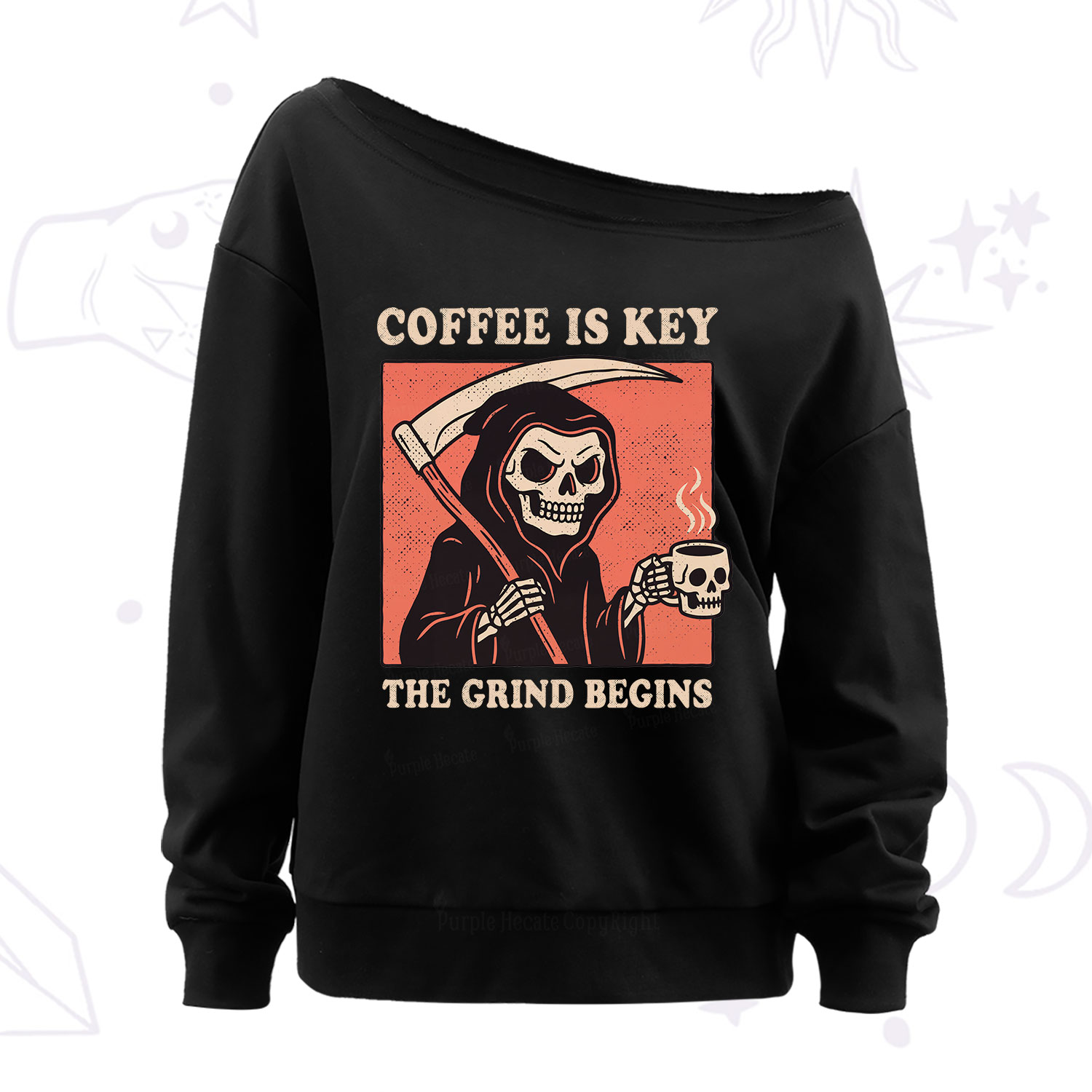 Purplehecate Coffee Is Key The Grind Begins Off The Shoulder Sweatshirt