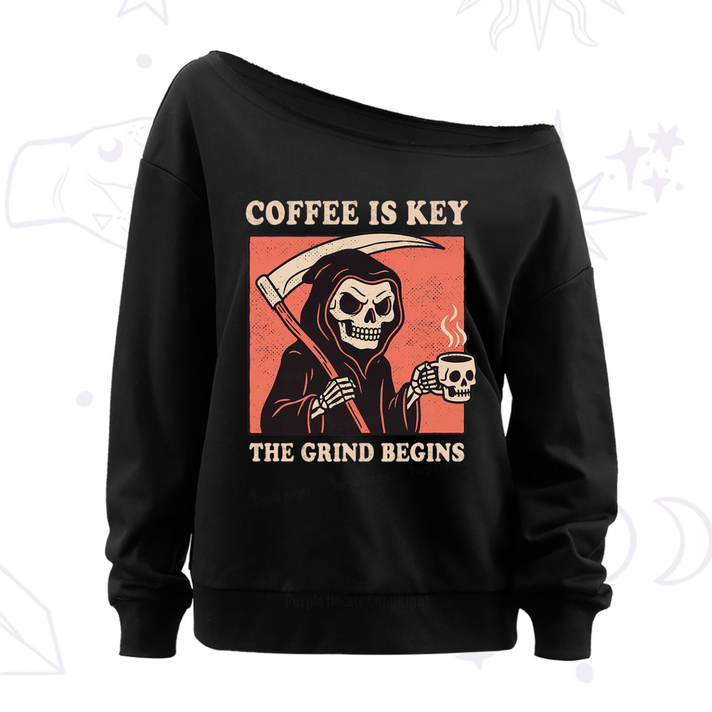 Purplehecate Coffee Is Key The Grind Begins Off The Shoulder Sweatshirt