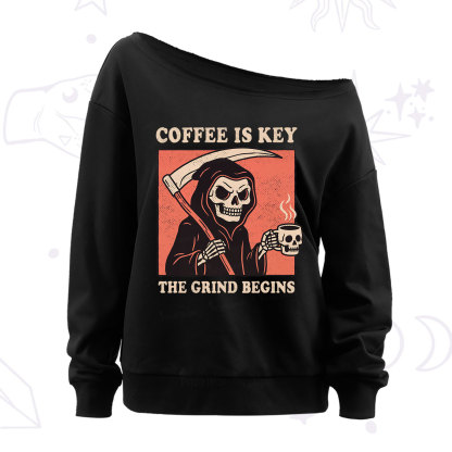 Purplehecate Coffee Is Key The Grind Begins Off The Shoulder Sweatshirt