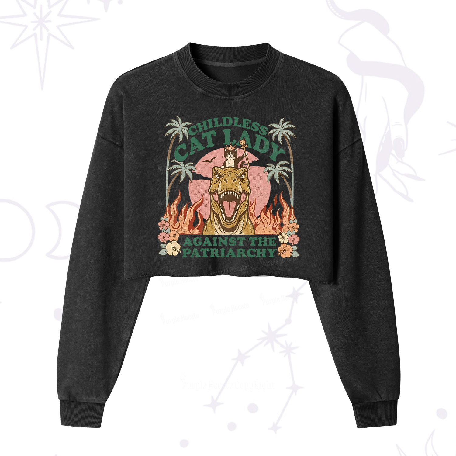 Purplehecate Childless Cat Lady Burn the Patriarchy Cropped Washed Sweatshirt
