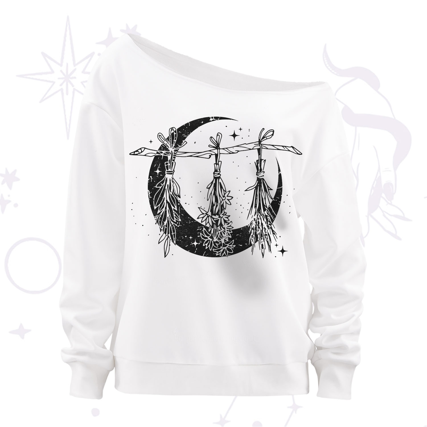 Purplehecate Witchy Moon Herbs Off The Shoulder Sweatshirt