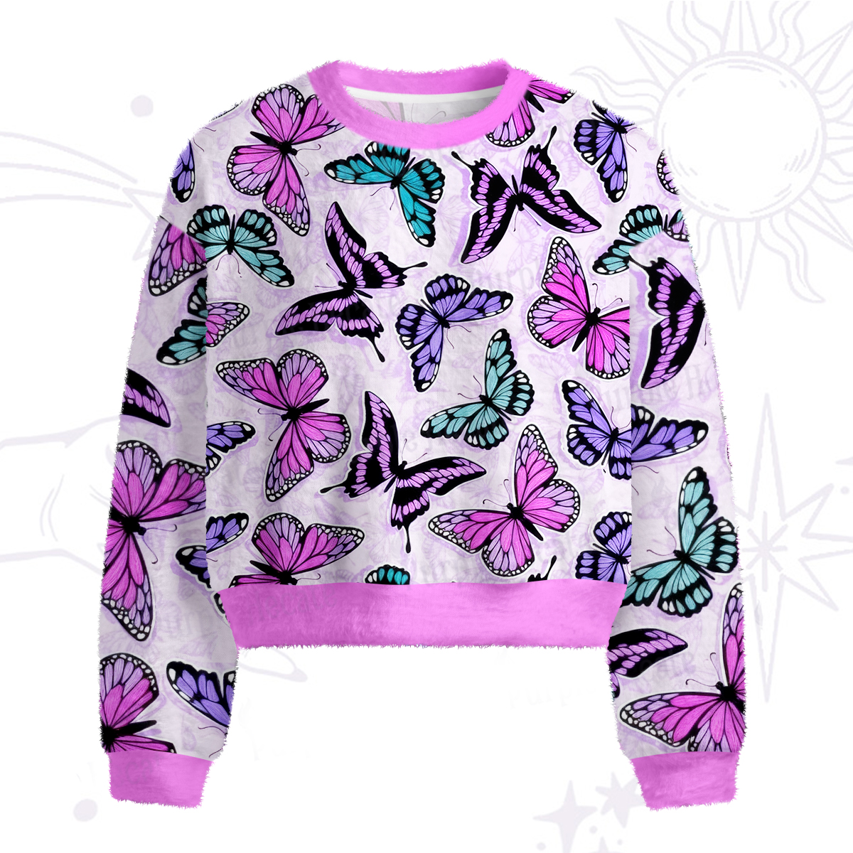 Purplehecate Whimsical Butterfly Fuzzy Crewneck Sweater