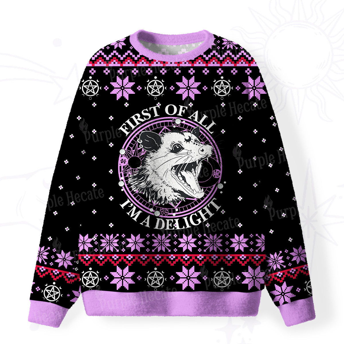 Purplehecate First Of All I'm A Delightful Opossum Fuzzy Ugly Christmas Sweatshirt