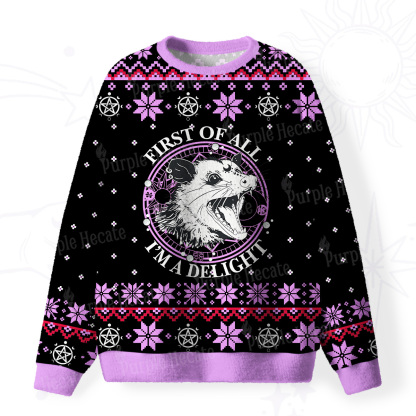Purplehecate First Of All I'm A Delightful Opossum Fuzzy Ugly Christmas Sweatshirt