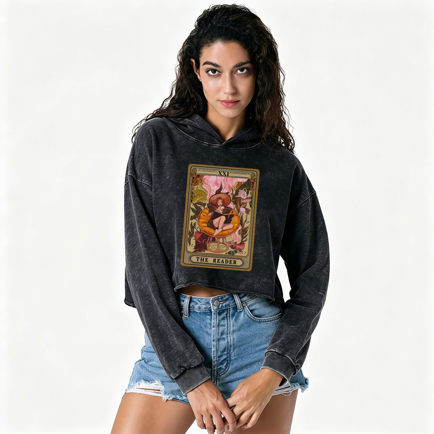 Purplehecate The Reader Tarot Card Washed Cropped Hoodie