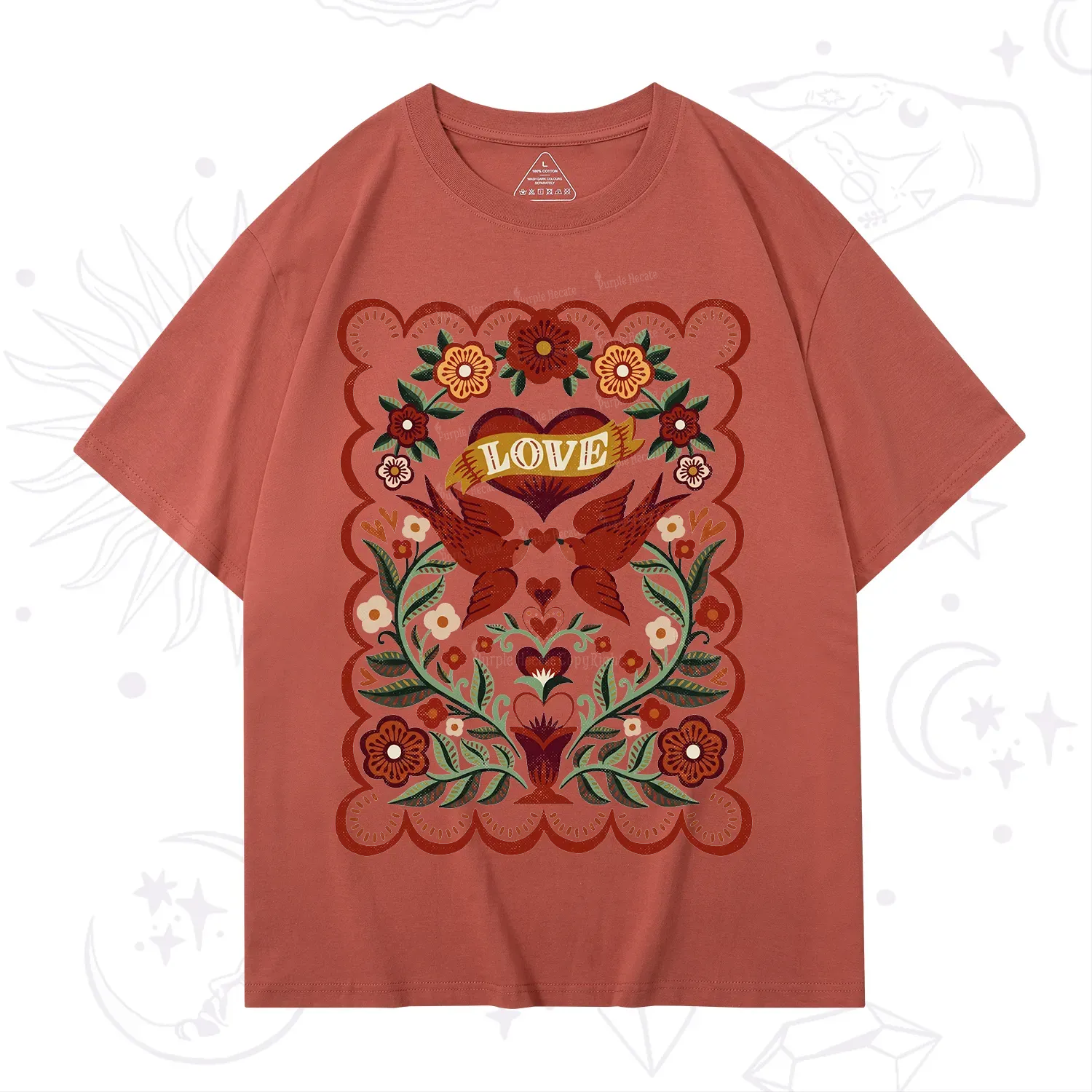 Purplehecate Folk Love Birds Floral T-Shirt