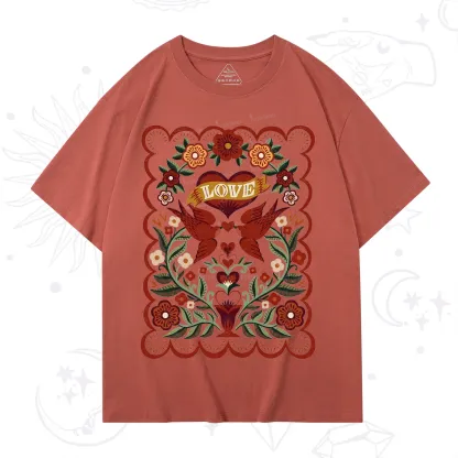 Purplehecate Folk Love Birds Floral T-Shirt